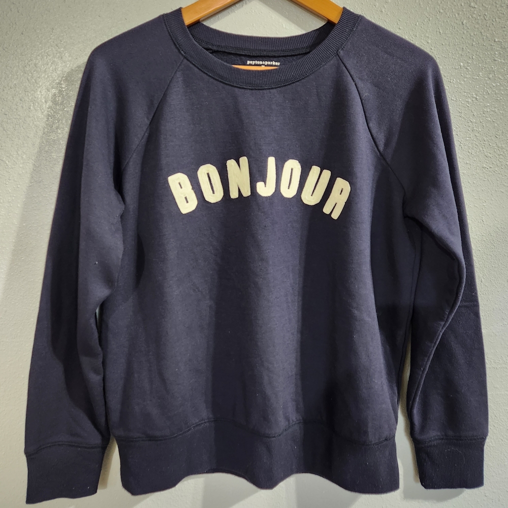 Peyton & Parker brand blue navy sweatshirt with "Bonjour" French Hello Medium